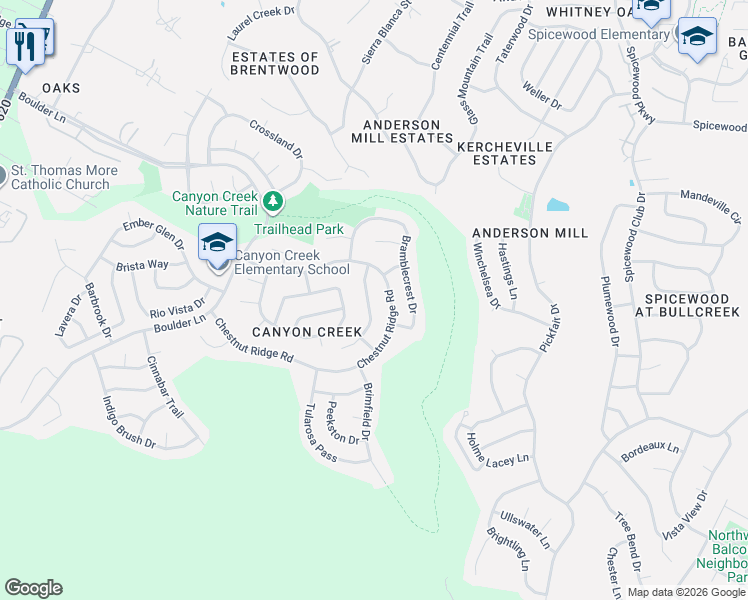 map of restaurants, bars, coffee shops, grocery stores, and more near 10501 Canyon Vista Way in Austin
