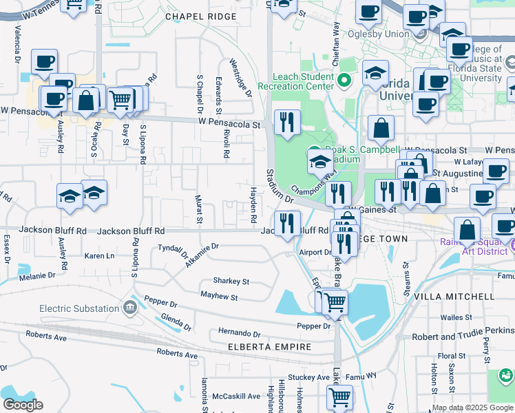 map of restaurants, bars, coffee shops, grocery stores, and more near 414 Hayden Road in Tallahassee
