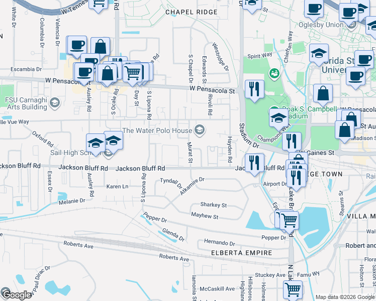 map of restaurants, bars, coffee shops, grocery stores, and more near 413 Murat Street in Tallahassee