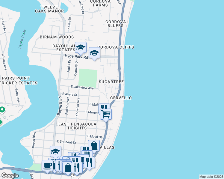 map of restaurants, bars, coffee shops, grocery stores, and more near 3301 East Avery Street in Pensacola