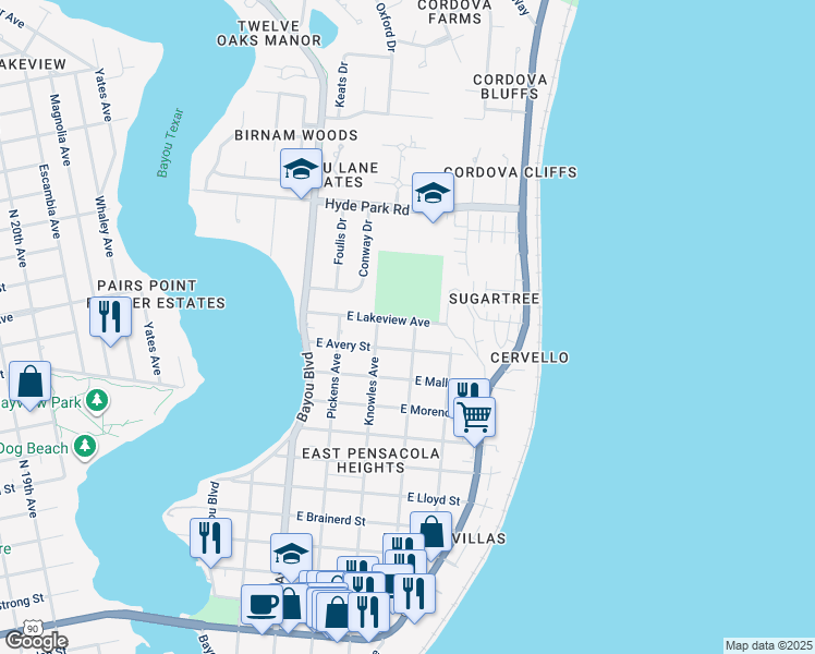 map of restaurants, bars, coffee shops, grocery stores, and more near 3110 East Avery Street in Pensacola