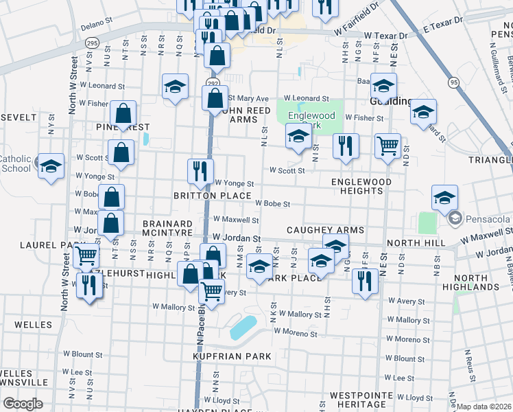 map of restaurants, bars, coffee shops, grocery stores, and more near in Goulding