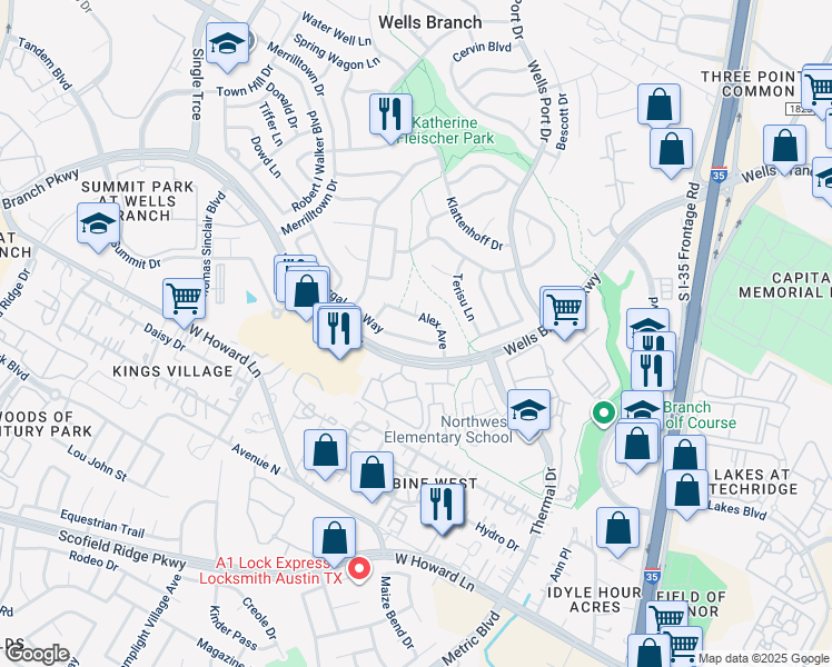 map of restaurants, bars, coffee shops, grocery stores, and more near 1909 Margalene Way in Austin