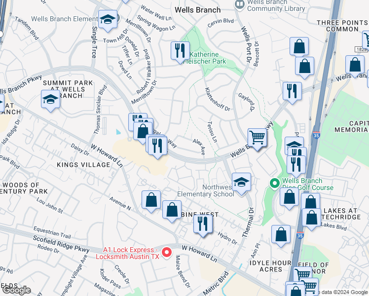 map of restaurants, bars, coffee shops, grocery stores, and more near 1909 Margalene Way in Austin