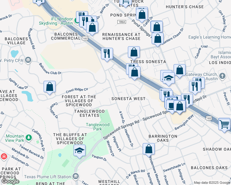 map of restaurants, bars, coffee shops, grocery stores, and more near 8413 Fathom Circle in Austin