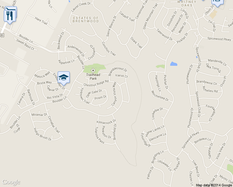 map of restaurants, bars, coffee shops, grocery stores, and more near 10412 Canyon Vista Way in Austin