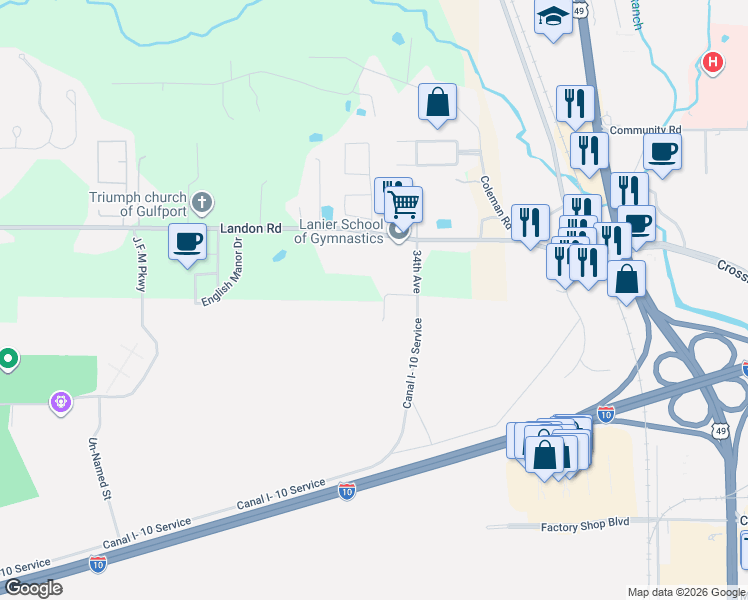 map of restaurants, bars, coffee shops, grocery stores, and more near 16171 White Street in Gulfport