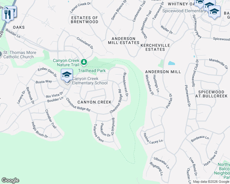 map of restaurants, bars, coffee shops, grocery stores, and more near 10412 Canyon Vista Way in Austin