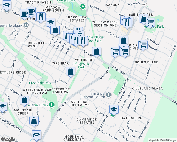 map of restaurants, bars, coffee shops, grocery stores, and more near 364 Willow Street in Pflugerville