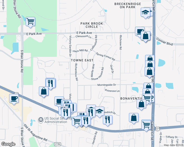 map of restaurants, bars, coffee shops, grocery stores, and more near 479 Merlin Way in Tallahassee