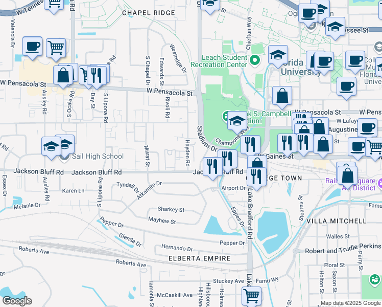 map of restaurants, bars, coffee shops, grocery stores, and more near 414 Hayden Road in Tallahassee