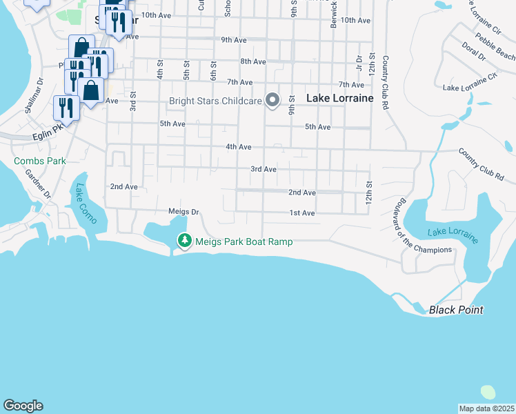 map of restaurants, bars, coffee shops, grocery stores, and more near 5 8th Street in Shalimar