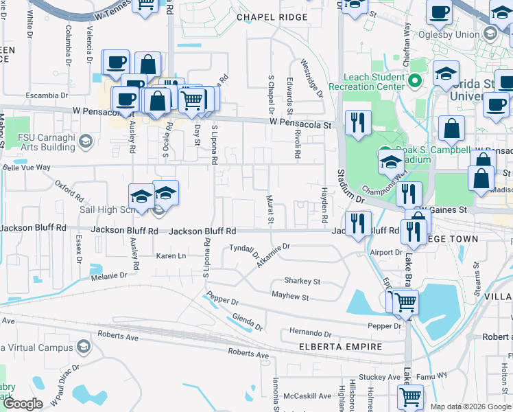 map of restaurants, bars, coffee shops, grocery stores, and more near 1832 Jackson Bluff Road in Tallahassee