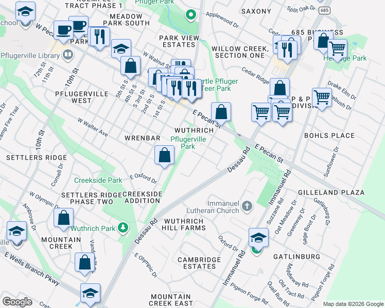 map of restaurants, bars, coffee shops, grocery stores, and more near 364-698 Willow St in Pflugerville