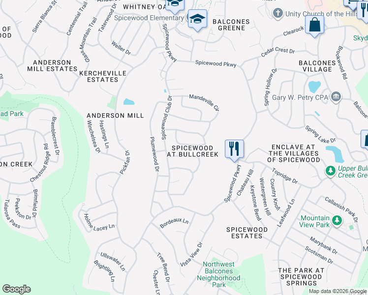 map of restaurants, bars, coffee shops, grocery stores, and more near 9909 Brandywine Circle in Austin