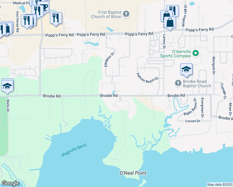 map of restaurants, bars, coffee shops, grocery stores, and more near 1564 Quintin Court in Biloxi