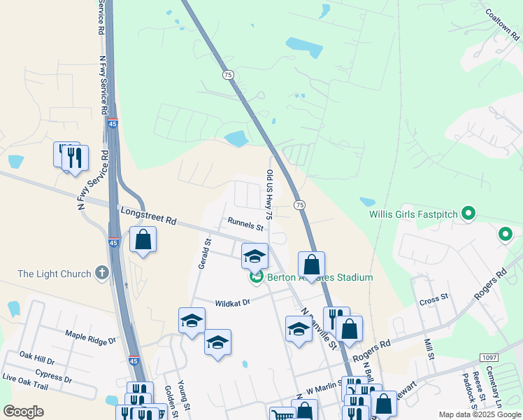 map of restaurants, bars, coffee shops, grocery stores, and more near 3043 Old US Highway 75 in Willis