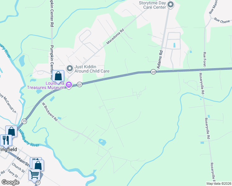 map of restaurants, bars, coffee shops, grocery stores, and more near 11070 Louisiana 22 in Ponchatoula