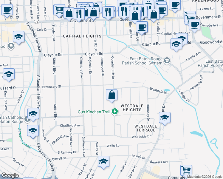 map of restaurants, bars, coffee shops, grocery stores, and more near 1430 Country Club Drive in Baton Rouge