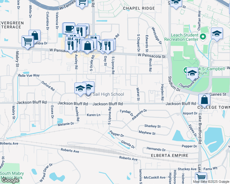 map of restaurants, bars, coffee shops, grocery stores, and more near 1880 Pepperhill Court in Tallahassee