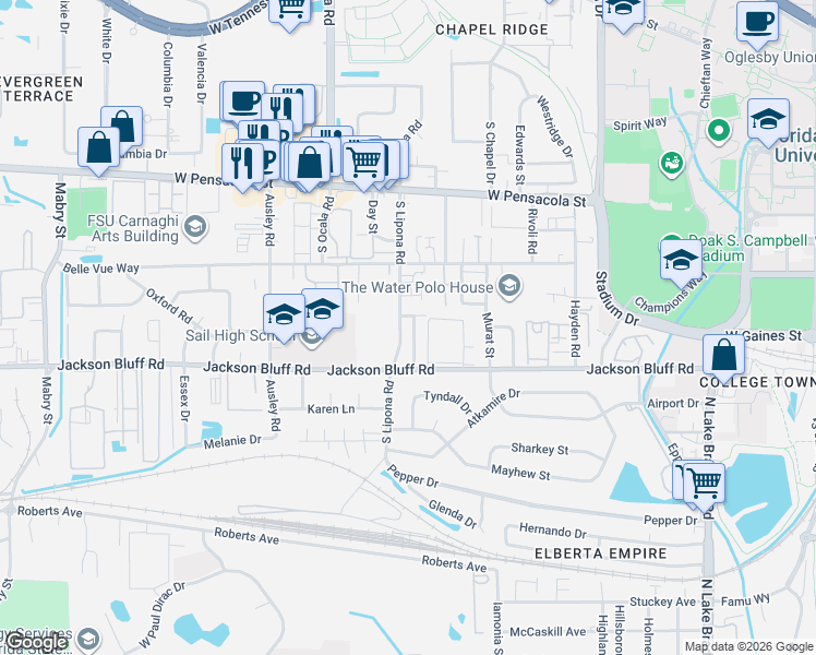 map of restaurants, bars, coffee shops, grocery stores, and more near 1880 Pepperhill Court in Tallahassee