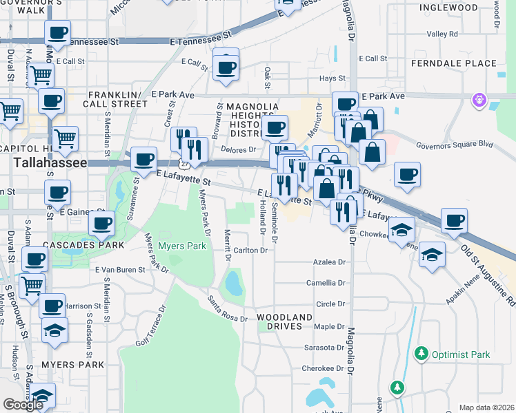 map of restaurants, bars, coffee shops, grocery stores, and more near in Tallahassee