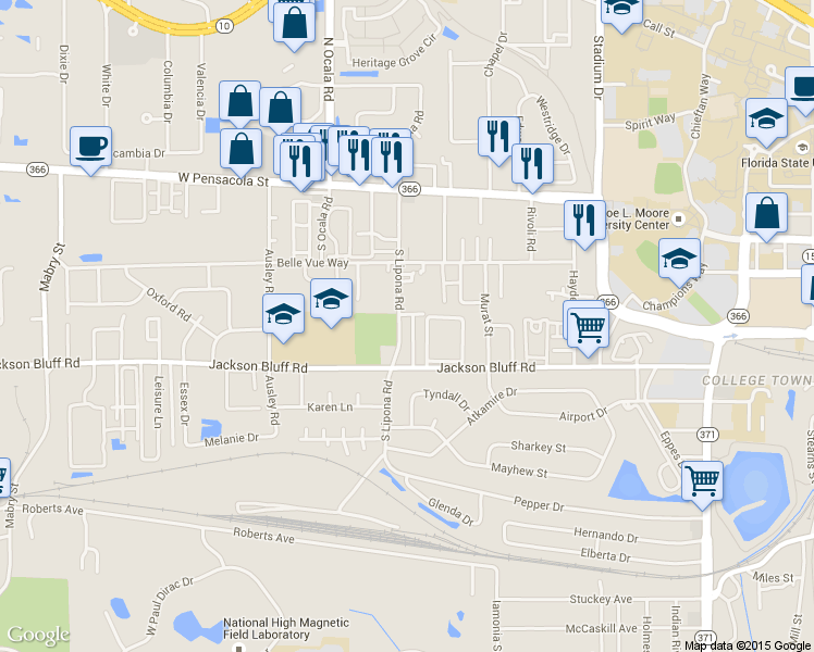 map of restaurants, bars, coffee shops, grocery stores, and more near 1880 Pepperhill Court in Tallahassee