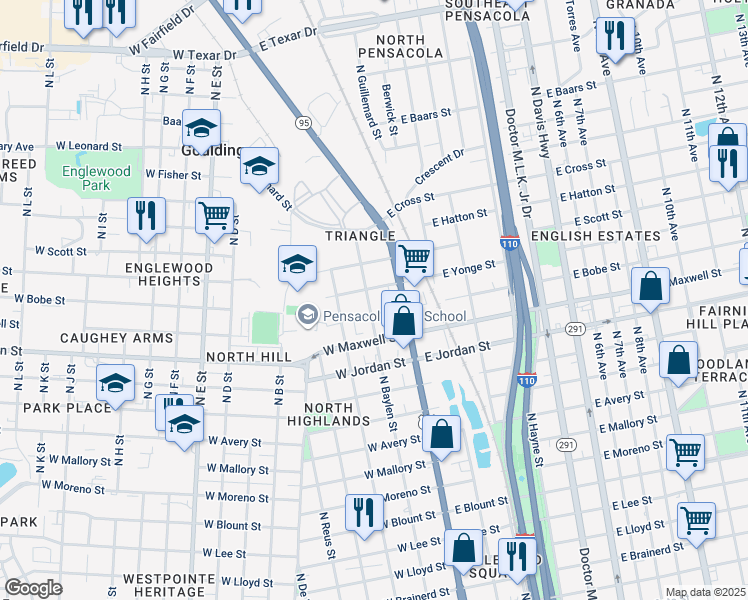map of restaurants, bars, coffee shops, grocery stores, and more near 2404 N Baylen St in Pensacola