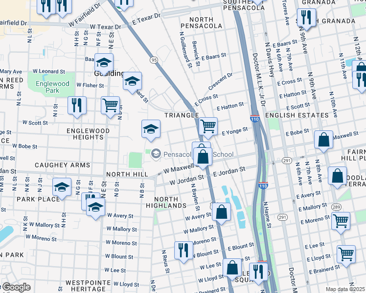 map of restaurants, bars, coffee shops, grocery stores, and more near 2404 N Baylen St in Pensacola