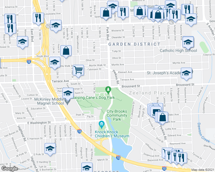 map of restaurants, bars, coffee shops, grocery stores, and more near 1920 Terrace Avenue in Baton Rouge
