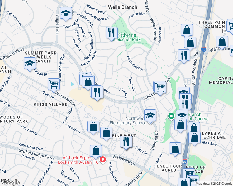 map of restaurants, bars, coffee shops, grocery stores, and more near 14201 Sussman Court in Austin