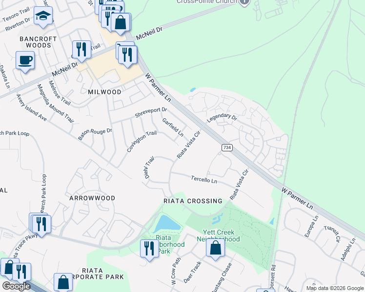 map of restaurants, bars, coffee shops, grocery stores, and more near 12902 Odie Lane in Austin