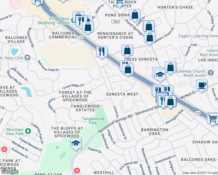 map of restaurants, bars, coffee shops, grocery stores, and more near 8518 Fathom Circle in Austin
