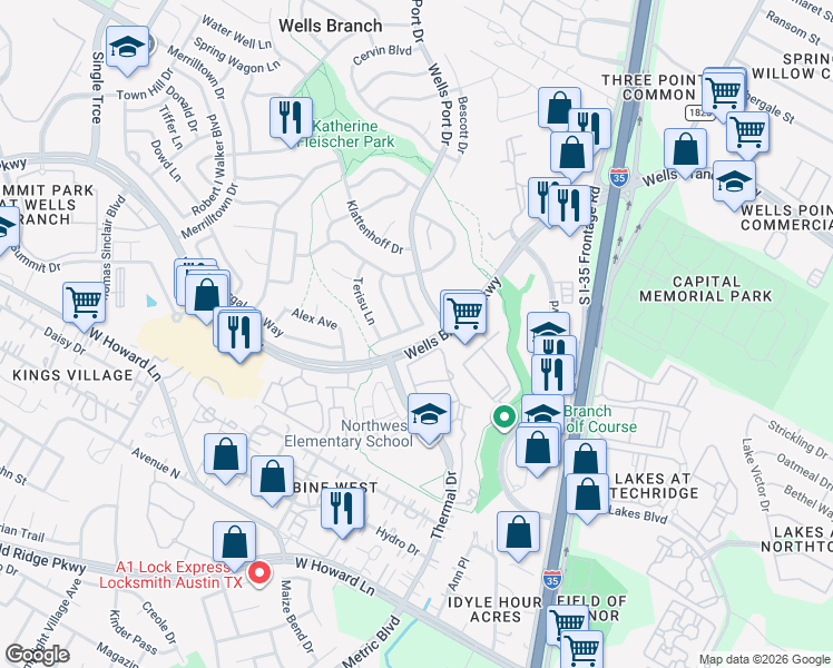 map of restaurants, bars, coffee shops, grocery stores, and more near 14303 Jennave Lane in Austin