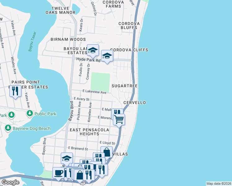 map of restaurants, bars, coffee shops, grocery stores, and more near 2307 Sugartree Court in Pensacola