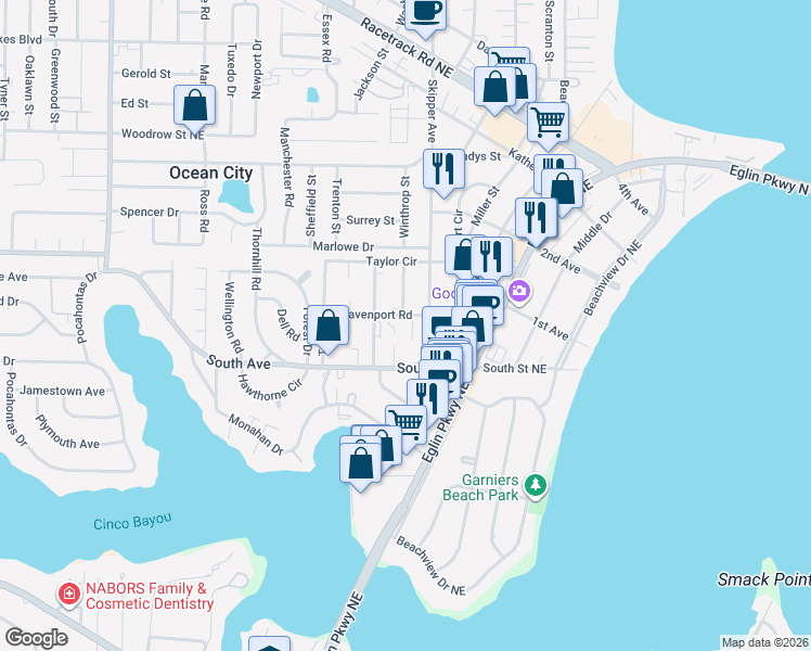 map of restaurants, bars, coffee shops, grocery stores, and more near 105 Davenport Road in Fort Walton Beach