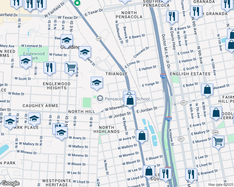map of restaurants, bars, coffee shops, grocery stores, and more near 2404 N Baylen St in Pensacola