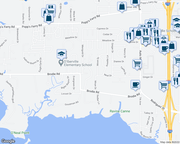 map of restaurants, bars, coffee shops, grocery stores, and more near 10307 Cottage Court in D'Iberville