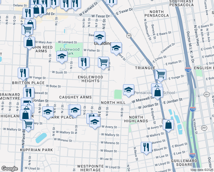 map of restaurants, bars, coffee shops, grocery stores, and more near 2321 N D St in Pensacola
