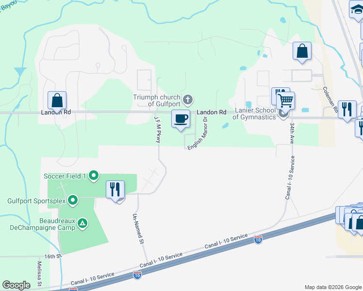map of restaurants, bars, coffee shops, grocery stores, and more near 10235 English Manor Drive in Gulfport