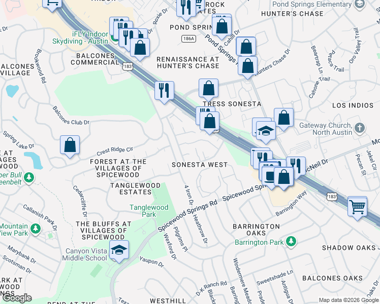 map of restaurants, bars, coffee shops, grocery stores, and more near 8518 Fathom Circle in Austin