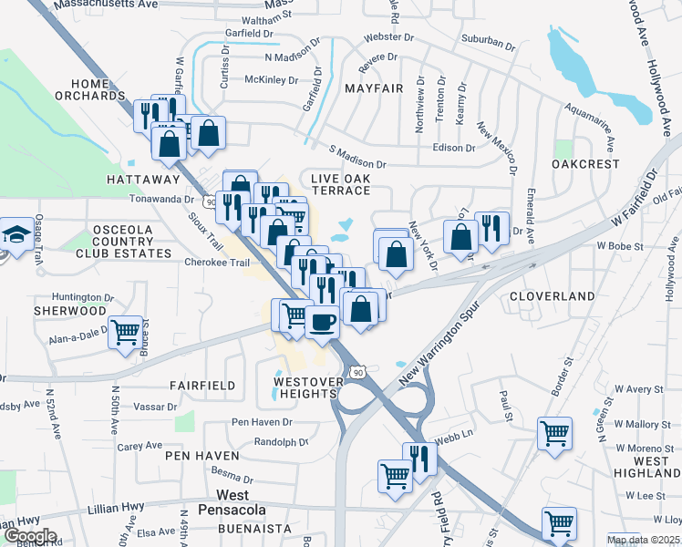 map of restaurants, bars, coffee shops, grocery stores, and more near 4350 West Fairfield Drive in Pensacola