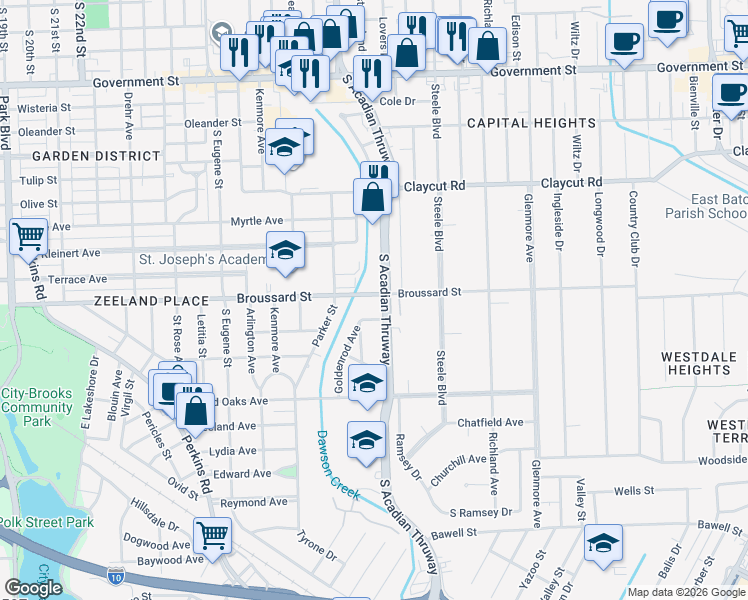 map of restaurants, bars, coffee shops, grocery stores, and more near 1316 South Acadian Thruway in Baton Rouge
