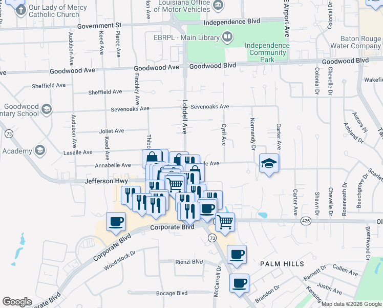 map of restaurants, bars, coffee shops, grocery stores, and more near 1433 Lobdell Avenue in Baton Rouge