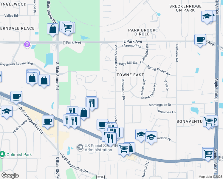 map of restaurants, bars, coffee shops, grocery stores, and more near 600 Victory Garden Drive in Tallahassee