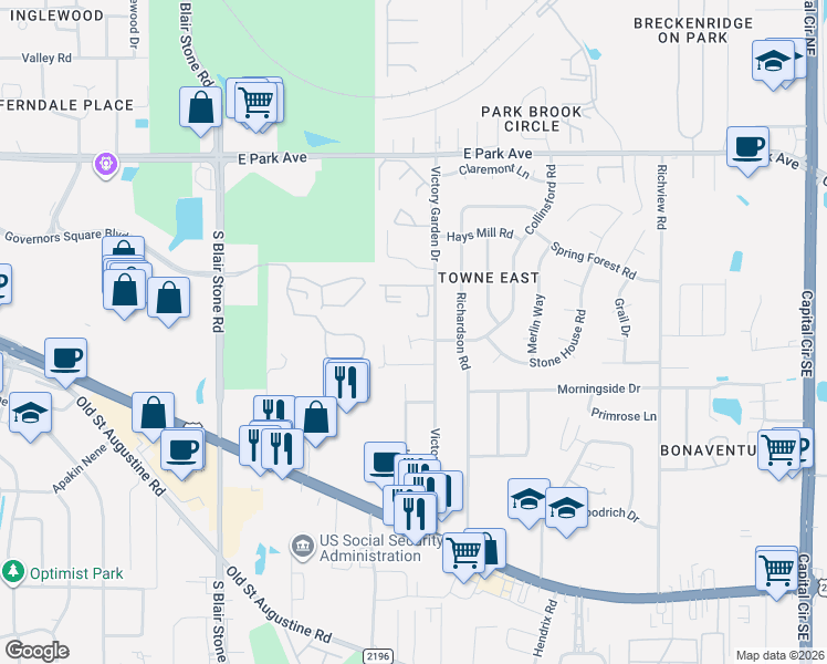 map of restaurants, bars, coffee shops, grocery stores, and more near 600 Victory Garden Drive in Tallahassee