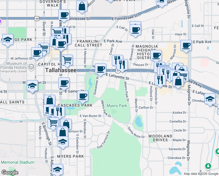 map of restaurants, bars, coffee shops, grocery stores, and more near 524 Marvin Street in Tallahassee