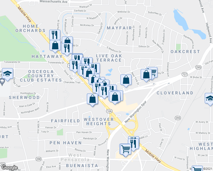 map of restaurants, bars, coffee shops, grocery stores, and more near 4350 West Fairfield Drive in Pensacola