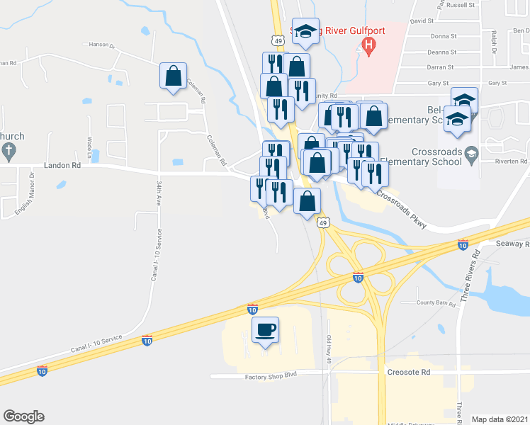 map of restaurants, bars, coffee shops, grocery stores, and more near 15533 Daniel Boulevard in Gulfport