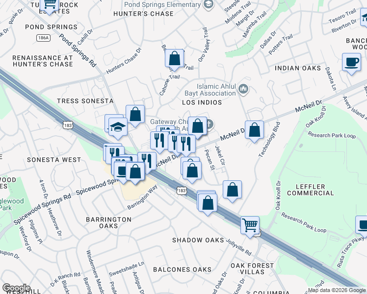 map of restaurants, bars, coffee shops, grocery stores, and more near 7304 McNeil Drive in Austin